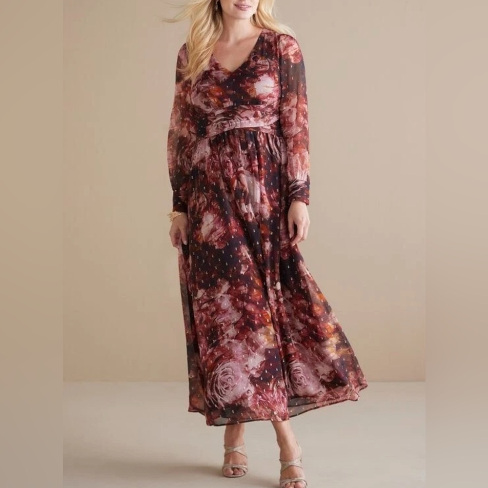 Soft Surroundings Rina Silk Maxi Dress – Women’s Size 8 – Maroon & Gold